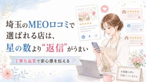 埼玉のMEO口コミで選ばれるお店づくりをテーマに、星の数だけでなく丁寧な口コミ返信で信頼感を伝える女性経営者向けアイキャッチ画像