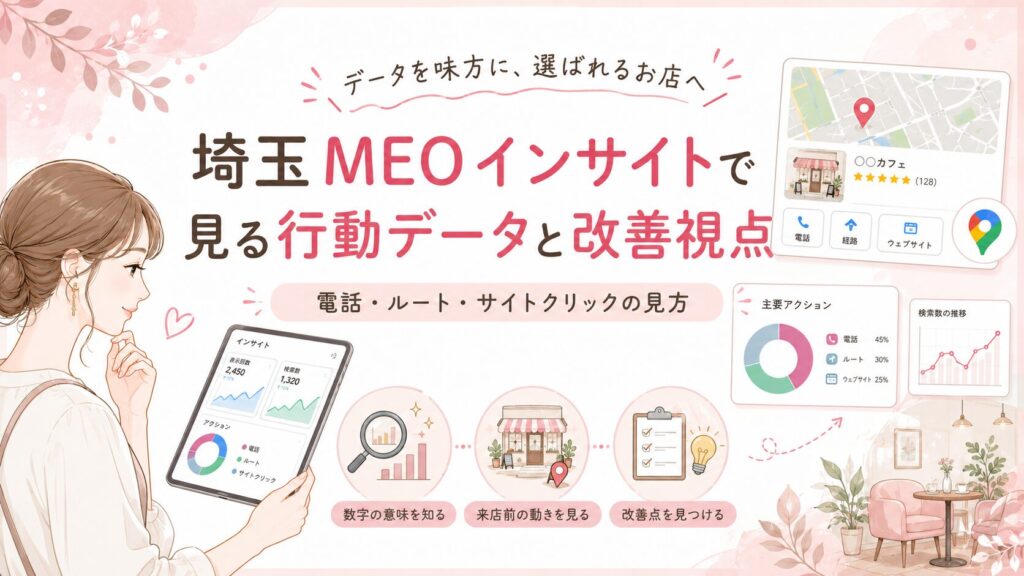 埼玉のMEOインサイトで見るべき行動データと改善視点をテーマに、電話・ルート・サイトクリックなどの反応を分析する女性経営者向けアイキャッチ画像