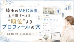 埼玉のMEO改善でまず直すべきプロフィールの穴をテーマに、基本情報・写真・口コミ・サービス内容を見直す女性経営者向けアイキャッチ画像