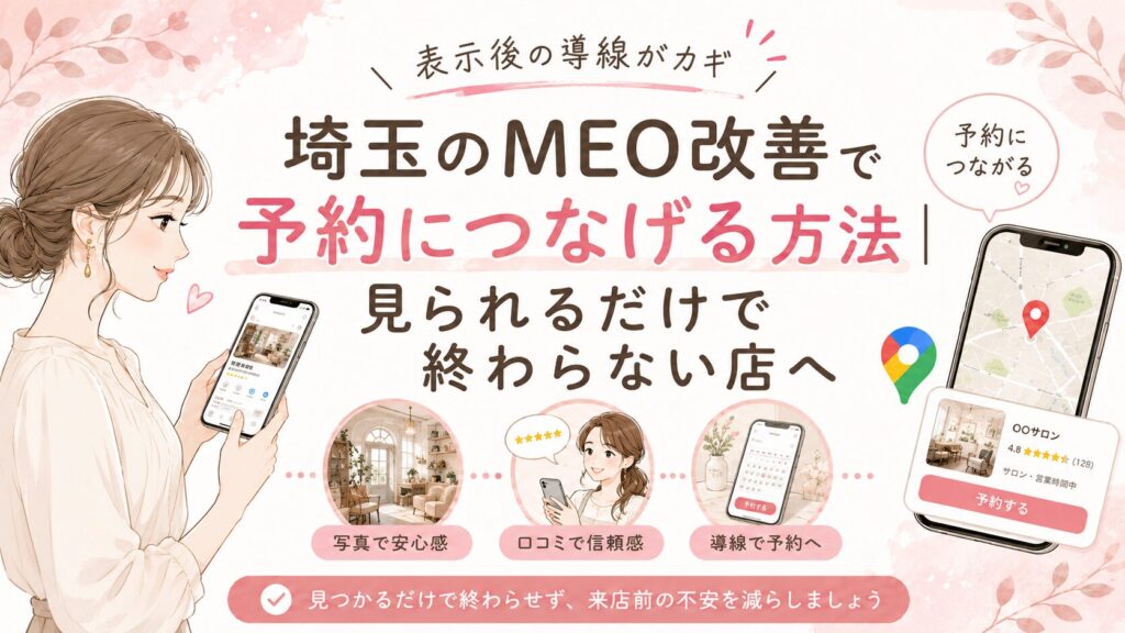 埼玉のMEO改善で予約につなげる方法をテーマに、Googleマップで見られるだけで終わらせず、写真・口コミ・予約導線を整える女性経営者向けアイキャッチ画像
