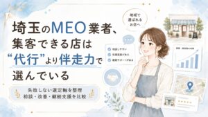 埼玉のMEO業者選びで代行より伴走力を重視する理由をテーマに、相談・改善提案・継続支援を比較する女性経営者向けアイキャッチ画像