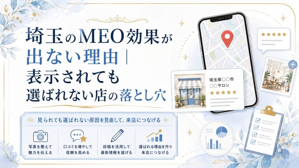 埼玉のMEO効果が出ない理由をテーマに、Googleマップで表示されても選ばれない原因や写真・口コミ・投稿・予約導線の見直しを解説するアイキャッチ画像