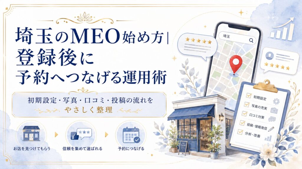 埼玉のMEOは始めてからが本番というテーマで、登録後に写真・口コミ・投稿・予約導線を整えて集客につなげる方法を解説するアイキャッチ画像