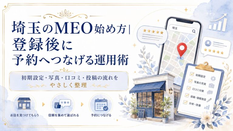 埼玉のMEOは始めてからが本番というテーマで、登録後に写真・口コミ・投稿・予約導線を整えて集客につなげる方法を解説するアイキャッチ画像