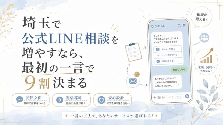 埼玉で公式LINE相談を増やす方法をテーマに、最初の一言・返信導線・安心設計で問い合わせ前の不安を減らすアイキャッチ画像