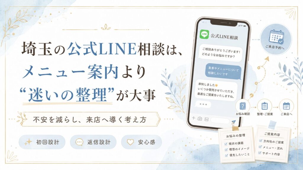 埼玉の公式LINE相談はメニュー案内より迷いの整理が大事というテーマで、相談内容を整理し来店予約へ導く流れを解説するアイキャッチ画像