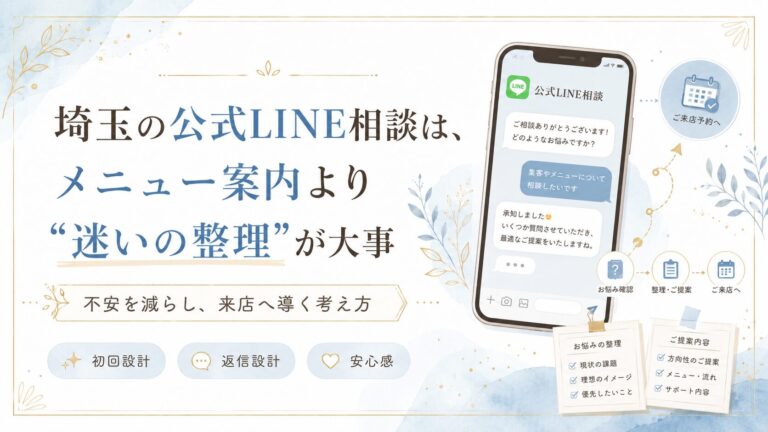 埼玉の公式LINE相談はメニュー案内より迷いの整理が大事というテーマで、相談内容を整理し来店予約へ導く流れを解説するアイキャッチ画像