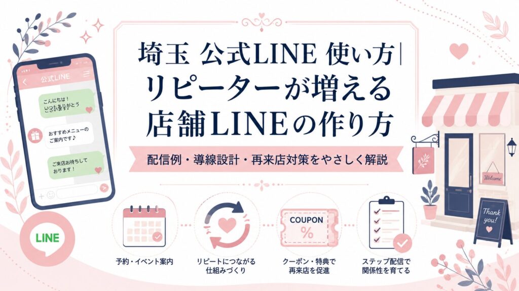 埼玉の店舗向けに公式LINEの使い方、配信例、導線設計、再来店対策を解説するブログアイキャッチ画像