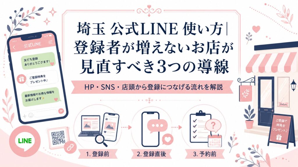 埼玉の店舗向けに公式LINEの登録者が増えない原因と、HP・SNS・店頭から友だち追加につなげる3つの導線を解説するアイキャッチ画像