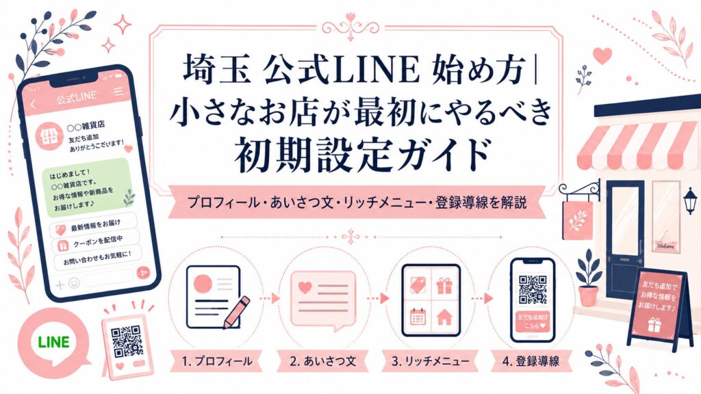埼玉の小さなお店向けに、公式LINEの始め方とプロフィール・あいさつ文・リッチメニュー・登録導線の初期設定を解説するアイキャッチ画像