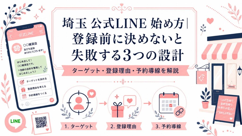 埼玉の店舗向けに、公式LINEを始める前に決めるターゲット・登録理由・予約導線の3つの設計を解説するアイキャッチ画像