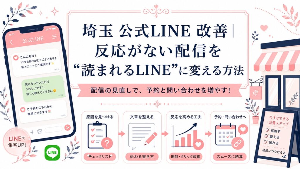 埼玉の店舗向けに、公式LINEの反応がない配信を読まれるLINEへ改善し、予約や問い合わせにつなげる方法を解説するアイキャッチ画像