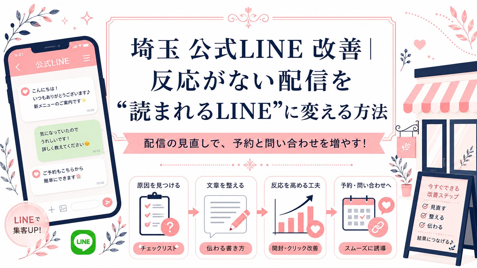 埼玉の店舗向けに、公式LINEの反応がない配信を読まれるLINEへ改善し、予約や問い合わせにつなげる方法を解説するアイキャッチ画像