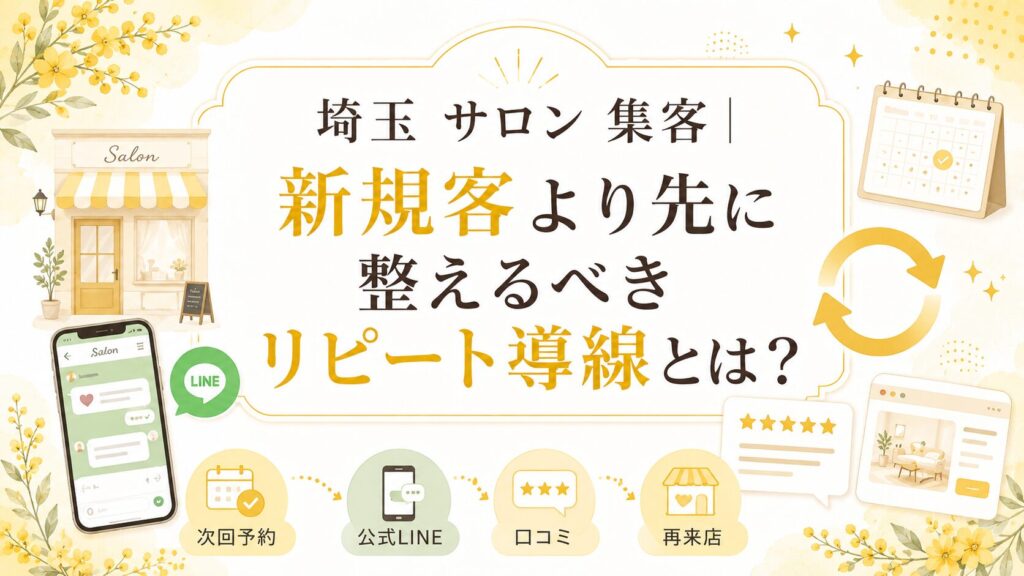 埼玉のサロン向けに、新規客より先に整えるべきリピート導線、次回予約、公式LINE、口コミ、再来店の流れを解説するアイキャッチ画像