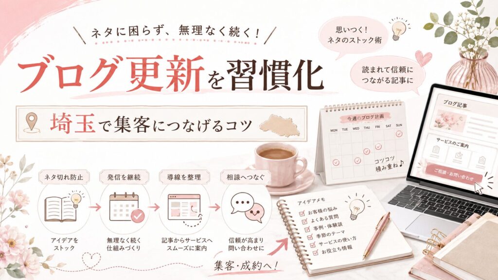 埼玉でブログ更新を習慣化し、ネタ切れを防ぎながら集客や相談につなげる方法を表した女性経営者向けイラスト