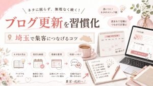 埼玉でブログ更新を習慣化し、ネタ切れを防ぎながら集客や相談につなげる方法を表した女性経営者向けイラスト