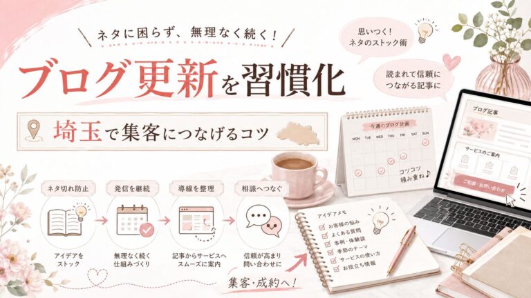 埼玉でブログ更新を習慣化し、ネタ切れを防ぎながら集客や相談につなげる方法を表した女性経営者向けイラスト