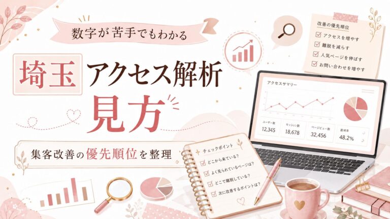 埼玉のアクセス解析の見方を、数字が苦手な方にも分かるように集客改善の優先順位として整理した女性経営者向けイラスト
