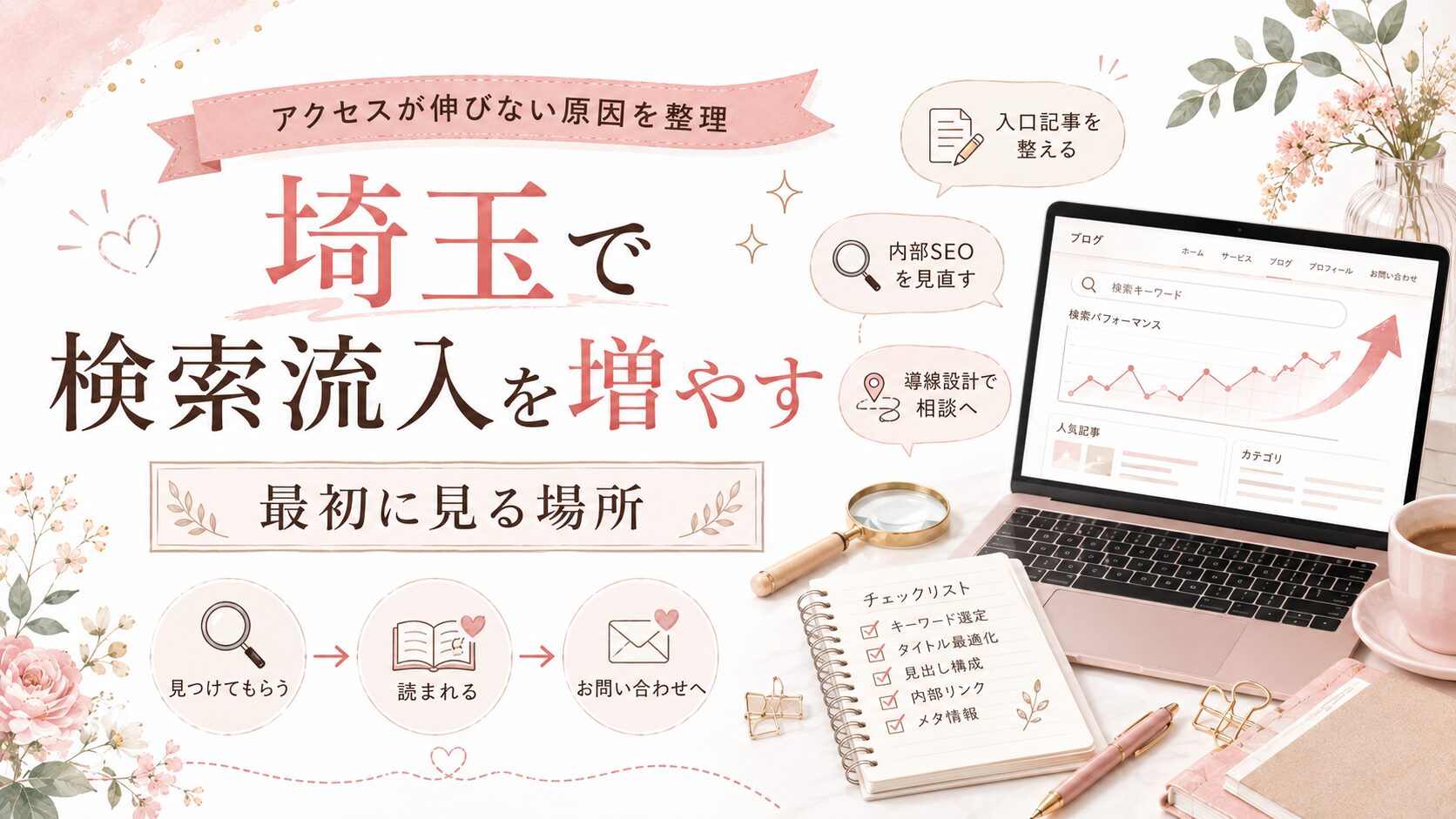 埼玉で検索流入を増やすために、入口記事・内部SEO・導線設計を見直す流れを表した女性経営者向けイラスト