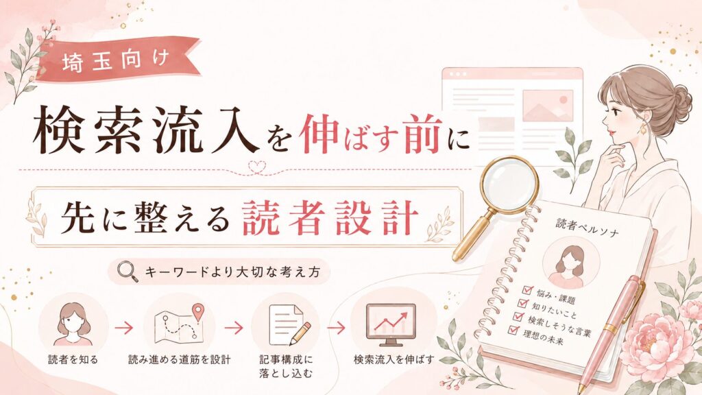 埼玉で検索流入を増やす前に、キーワードより先に読者設計を整える考え方を表した女性経営者向けイラスト