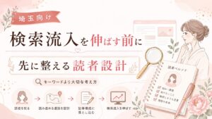 埼玉で検索流入を増やす前に、キーワードより先に読者設計を整える考え方を表した女性経営者向けイラスト