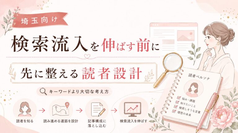 埼玉で検索流入を増やす前に、キーワードより先に読者設計を整える考え方を表した女性経営者向けイラスト