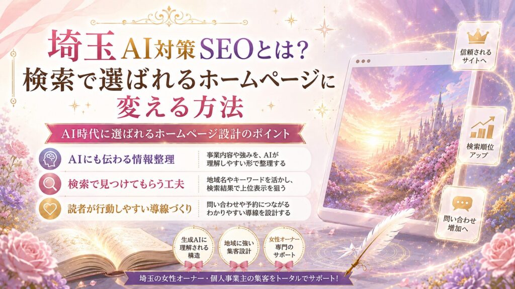 埼玉のAI対策SEOについて、検索で選ばれるホームページに変える方法をファンタジー調で表現した女性経営者向けアイキャッチ画像