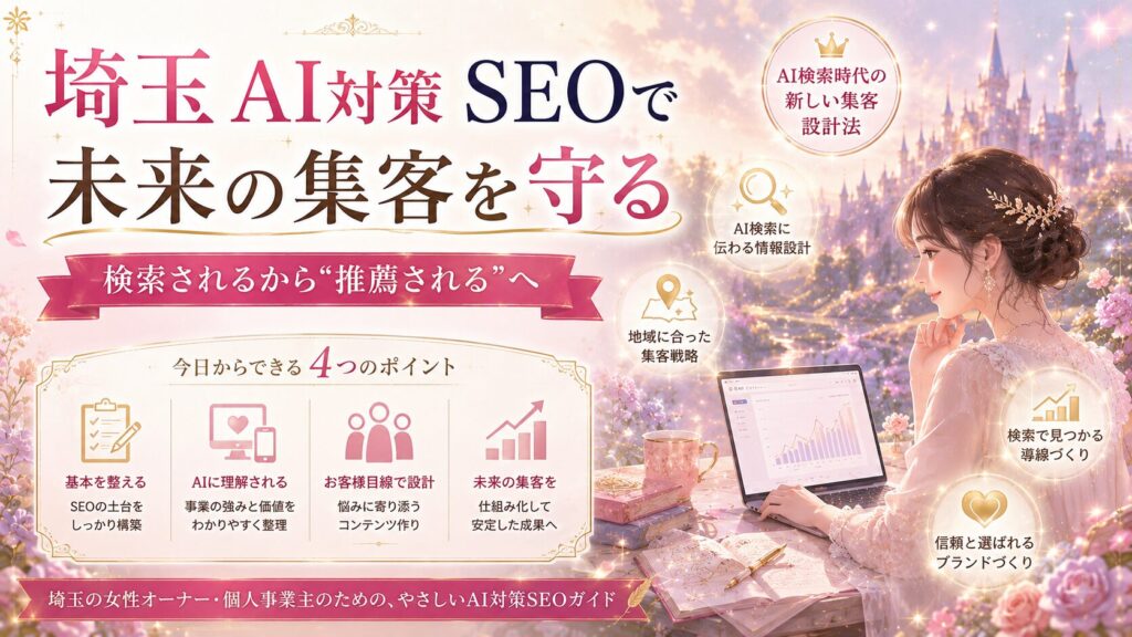 埼玉のAI対策SEOで未来の集客を守る方法として、検索されるだけでなくAI検索に推薦される導線づくりを表した女性経営者向けファンタジー調アイキャッチ画像