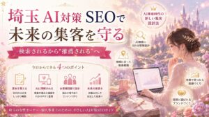 埼玉のAI対策SEOで未来の集客を守る方法として、検索されるだけでなくAI検索に推薦される導線づくりを表した女性経営者向けファンタジー調アイキャッチ画像