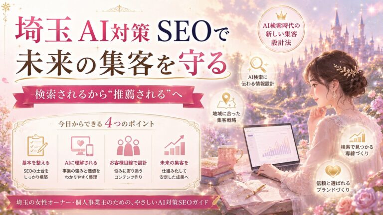 埼玉のAI対策SEOで未来の集客を守る方法として、検索されるだけでなくAI検索に推薦される導線づくりを表した女性経営者向けファンタジー調アイキャッチ画像