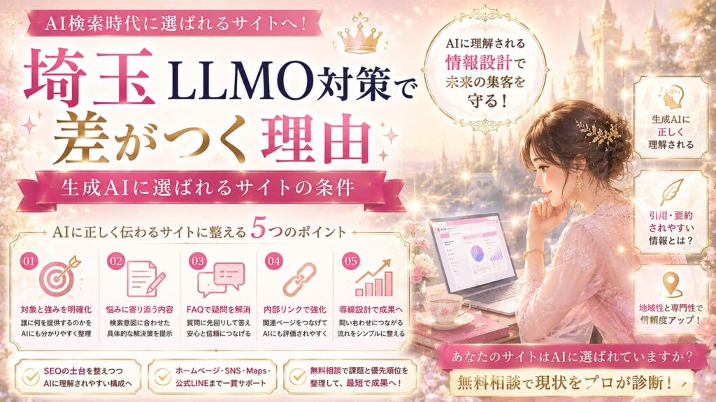 埼玉のLLMO対策で生成AIに選ばれるサイトの条件を、情報整理・FAQ・信頼性・導線設計の流れで表した女性経営者向けファンタジー調アイキャッチ画像