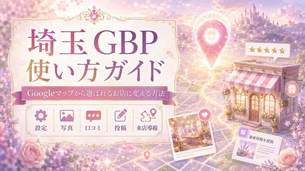 埼玉のGBP使い方ガイドとして、Googleマップから選ばれるお店に変えるための設定・写真・口コミ・投稿・来店導線を表した女性経営者向けファンタジー調アイキャッチ画像