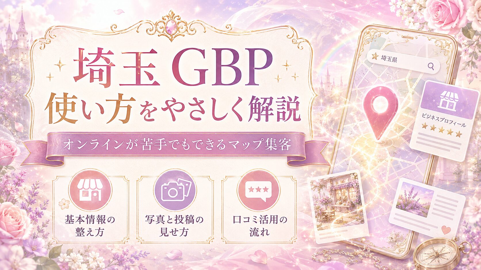 埼玉のGBP使い方をやさしく解説し、オンラインが苦手でもGoogleマップ集客を始められるように基本情報・写真・口コミ活用を表した女性経営者向けファンタジー調アイキャッチ画像