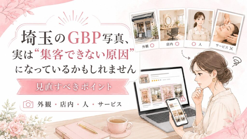 埼玉のGBP写真が集客できない原因になる可能性を解説するアイキャッチ画像。女性オーナーが店舗写真を確認し、外観・店内・人・サービスの見直しポイントを表現している。