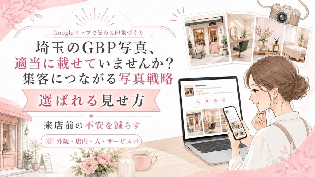 埼玉GBP写真の見せ方を解説するアイキャッチ画像。女性オーナーがスマホとパソコンで店舗写真を確認し、外観・店内・人・サービスの写真戦略を表現している。