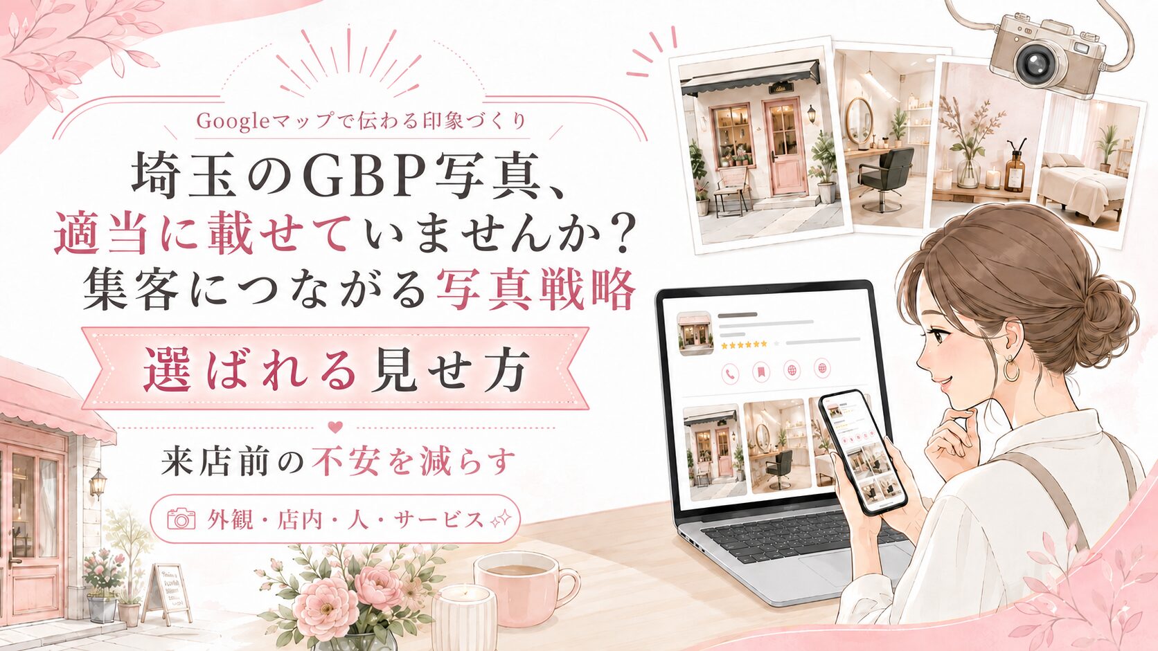 埼玉GBP写真の見せ方を解説するアイキャッチ画像。女性オーナーがスマホとパソコンで店舗写真を確認し、外観・店内・人・サービスの写真戦略を表現している。