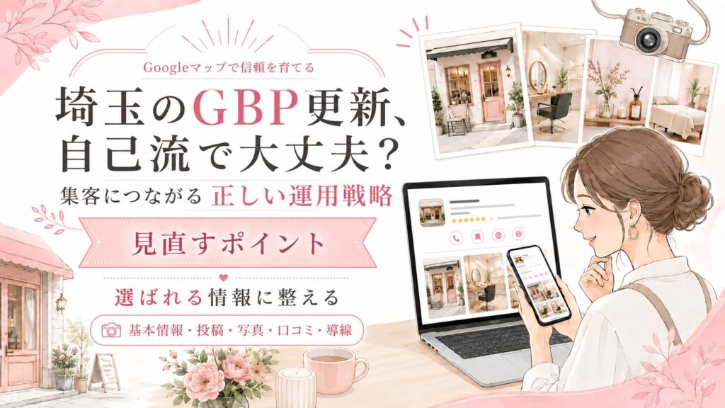 埼玉のGBP更新をテーマにしたアイキャッチ画像。女性オーナーがスマホとパソコンでGoogleマップの店舗情報を確認し、基本情報・投稿・写真・口コミ・導線の見直しポイントを表現している。