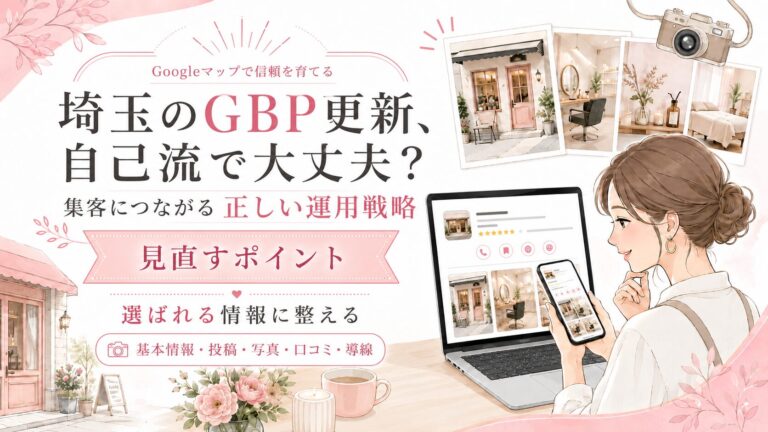 埼玉のGBP更新をテーマにしたアイキャッチ画像。女性オーナーがスマホとパソコンでGoogleマップの店舗情報を確認し、基本情報・投稿・写真・口コミ・導線の見直しポイントを表現している。