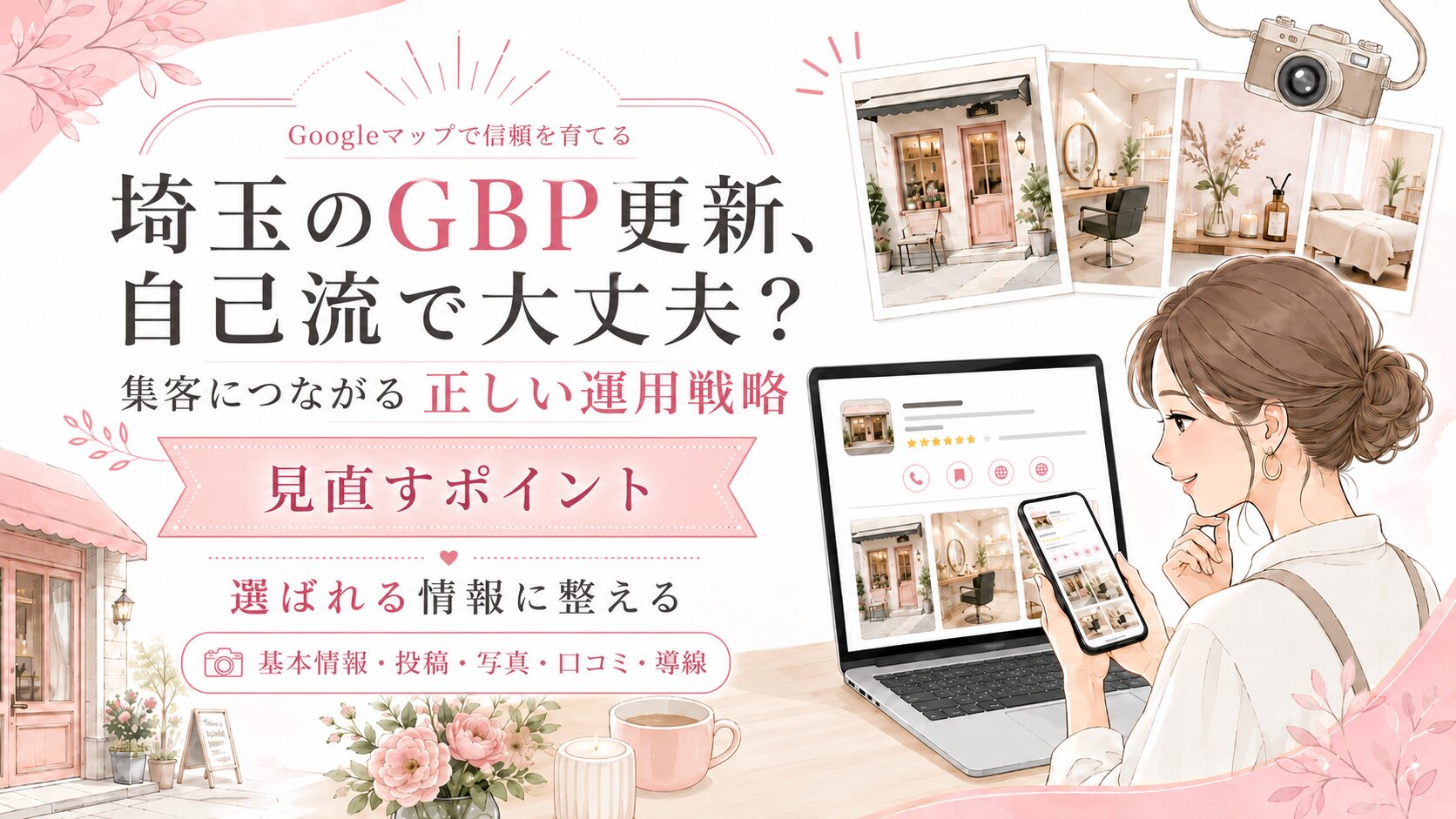 埼玉のGBP更新をテーマにしたアイキャッチ画像。女性オーナーがスマホとパソコンでGoogleマップの店舗情報を確認し、基本情報・投稿・写真・口コミ・導線の見直しポイントを表現している。