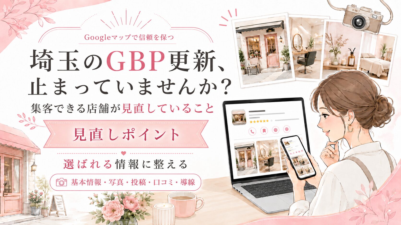 埼玉のGBP更新が止まっている店舗向けのアイキャッチ画像。女性オーナーがスマホとパソコンでGoogleマップの店舗情報を確認し、基本情報・写真・投稿・口コミ・導線の見直しを表現している。