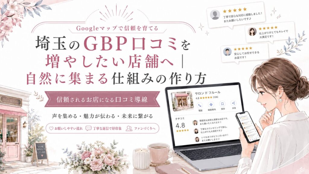 埼玉のGBP口コミを増やしたい店舗向けのアイキャッチ画像。女性オーナーがスマホとパソコンでGoogleマップの口コミを確認し、自然に口コミが集まる仕組みづくりを表現している。
