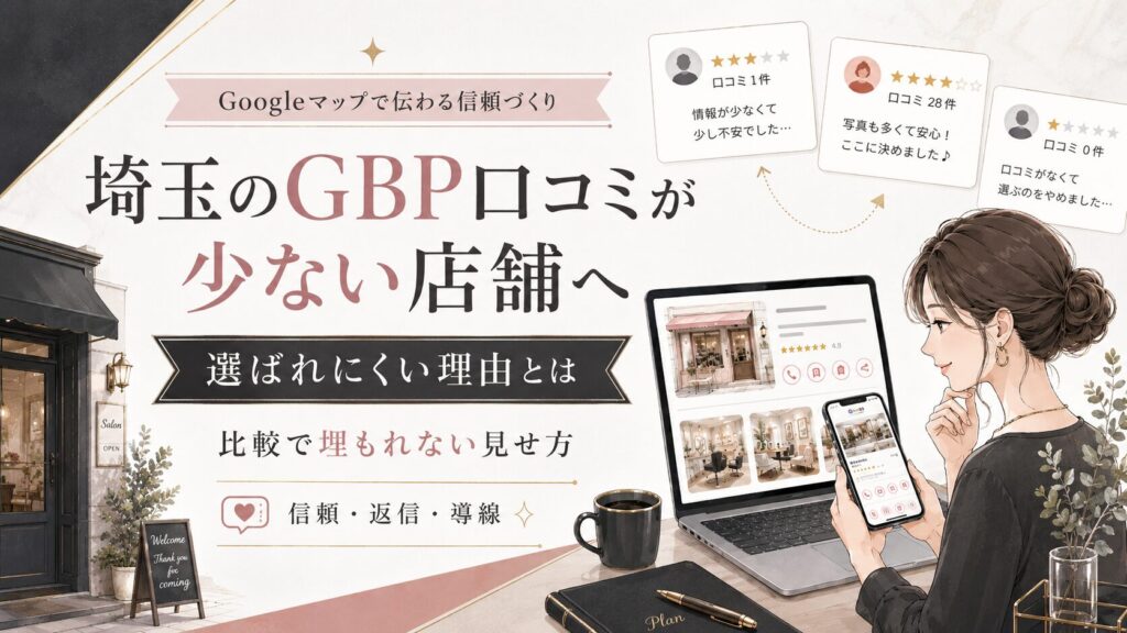 埼玉のGBP口コミが少ない店舗向けのアイキャッチ画像。女性オーナーがスマホとパソコンでGoogleマップの口コミを確認し、口コミ数や返信、導線の見直しポイントを表現している。