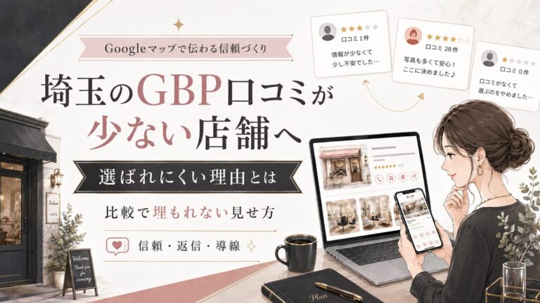 埼玉のGBP口コミが少ない店舗向けのアイキャッチ画像。女性オーナーがスマホとパソコンでGoogleマップの口コミを確認し、口コミ数や返信、導線の見直しポイントを表現している。