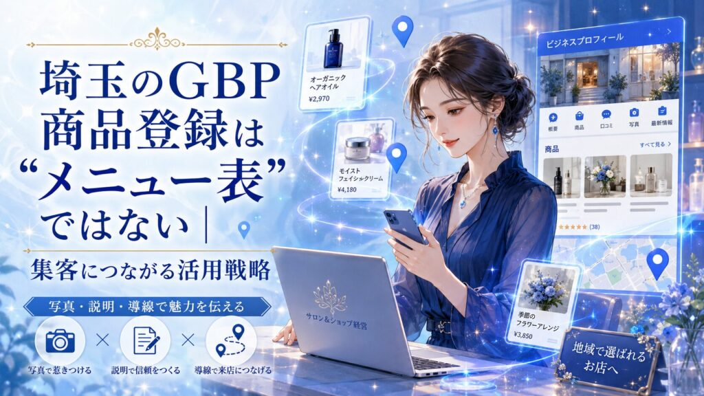 埼玉のGBP商品登録をテーマにしたアイキャッチ画像。女性オーナーがスマホとパソコンでビジネスプロフィールの商品情報を確認し、写真・説明・導線で集客につなげる活用戦略を表現している。