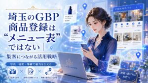 埼玉のGBP商品登録をテーマにしたアイキャッチ画像。女性オーナーがスマホとパソコンでビジネスプロフィールの商品情報を確認し、写真・説明・導線で集客につなげる活用戦略を表現している。