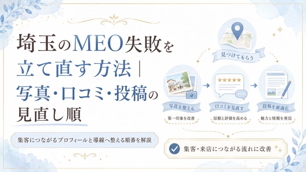 埼玉のMEO失敗を立て直す方法をテーマに、写真・口コミ・投稿を見直す順番と集客につながる改善導線を解説するアイキャッチ画像