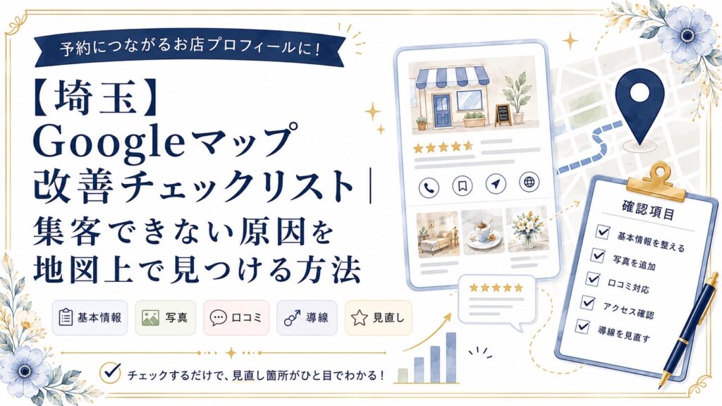 埼玉のGoogleマップ改善チェックリストとして、基本情報・写真・口コミ・導線を見直し、集客できない原因を地図上で見つける方法を解説するブログアイキャッチ画像