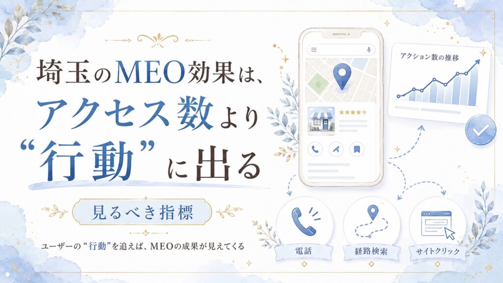 埼玉のMEO効果はアクセス数より行動データに出ることをテーマに、電話・経路検索・サイトクリックなど見るべき指標を解説するアイキャッチ画像