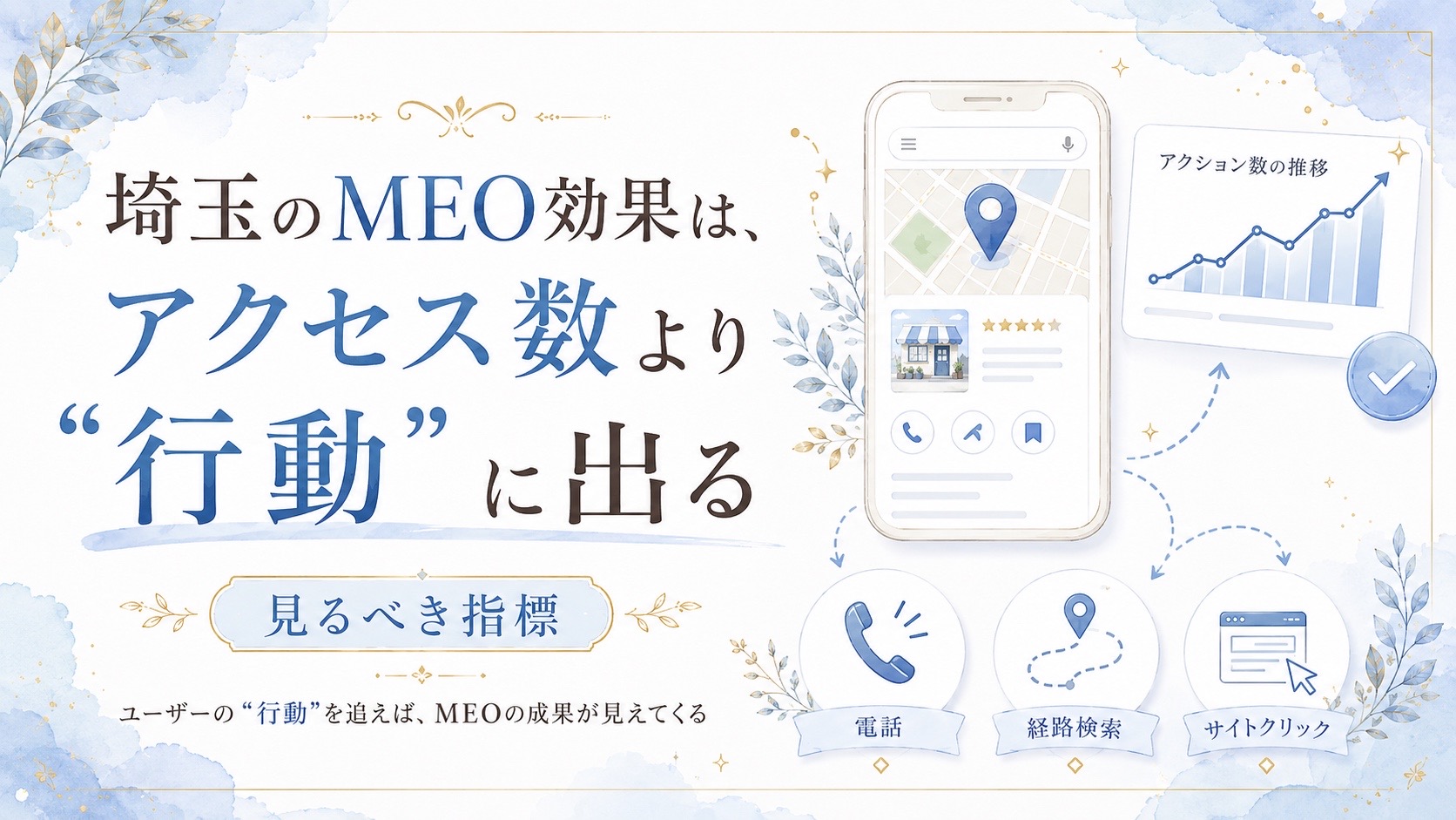 埼玉のMEO効果はアクセス数より行動データに出ることをテーマに、電話・経路検索・サイトクリックなど見るべき指標を解説するアイキャッチ画像