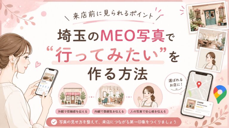 埼玉のMEO写真で行ってみたいと思われるお店作りをテーマに、Googleマップ写真や外観・内観・人の写真で来店前の安心感を伝えるアイキャッチ画